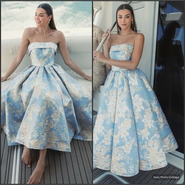 MAC DUGGAL 20726 Light Blue Strapless Brocade Midi Dress with Pockets Size 2 - Image 2