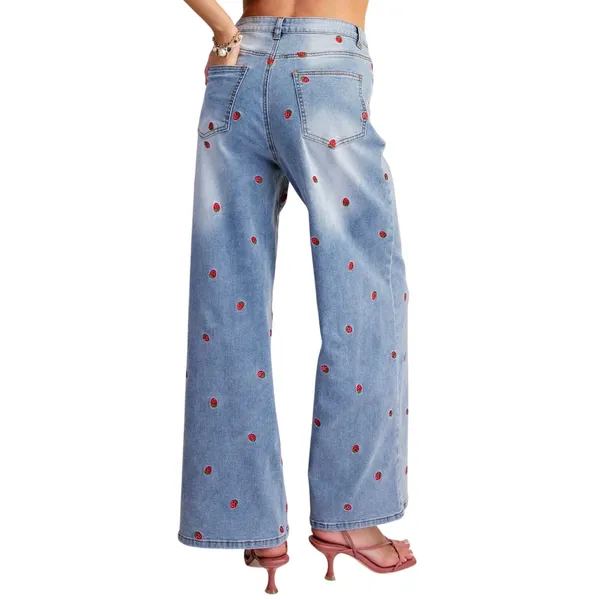 NWT EASEL l Strawberry Fields Embroidered Lightwash Wide Leg Jeans - Image 2