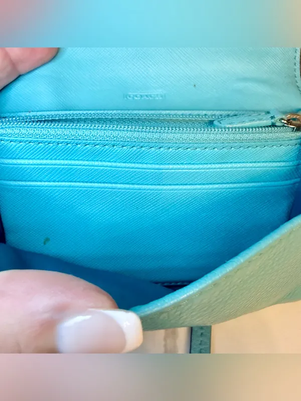 Coach Foldover Crossbody Wallet Bag Robin's Egg Blue Pebbled Leather - Image 7