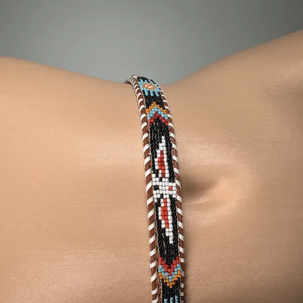 Womans Indian Hand Beaded Leather Belt Adjustable Bird Colorful - Image 8