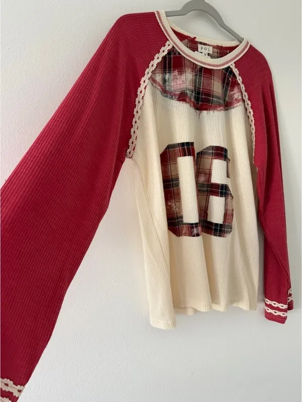 NWT POL Varsity Waffle Knit Raspberry # Thermal Plaid Patchwork size medium - Image 5