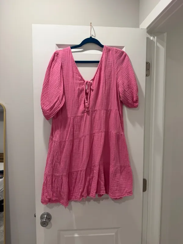 Pink Textured Babydoll Mini Dress - Image 2