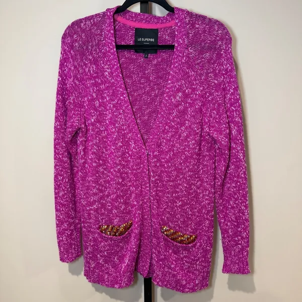 Le Superbe Silk Cashmere Beaded Pocket‎ Cardigan Sweater Fuchsia Space Dye Small - Image 3