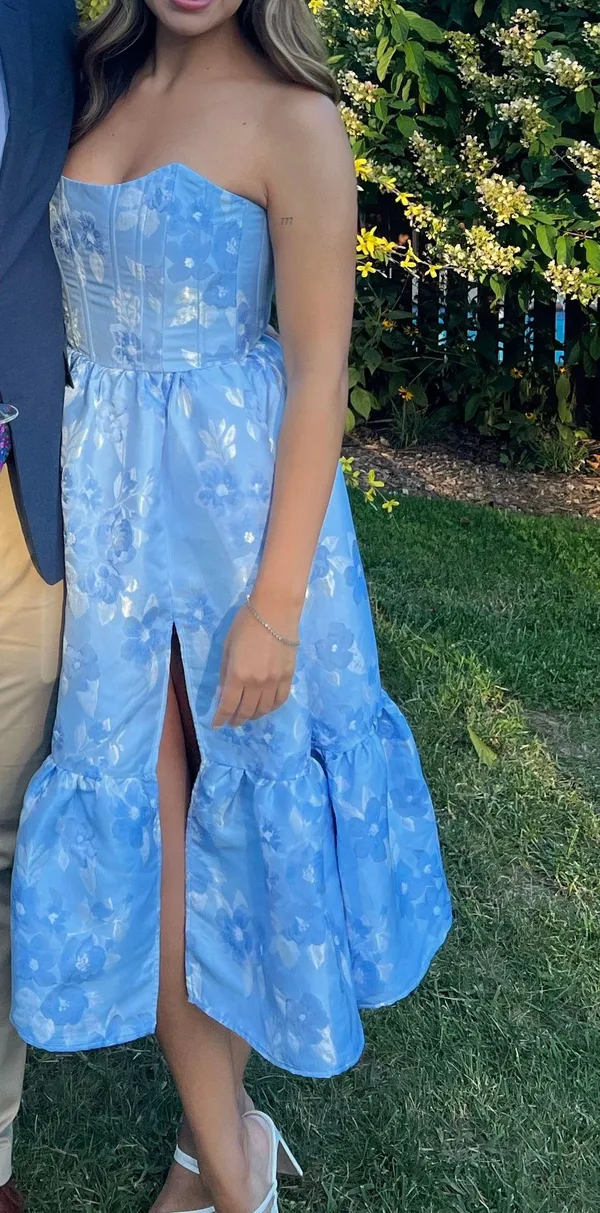 V. Chapman Virginia Strapless Gown In Chambray Blue Baroque Floral - Image 4