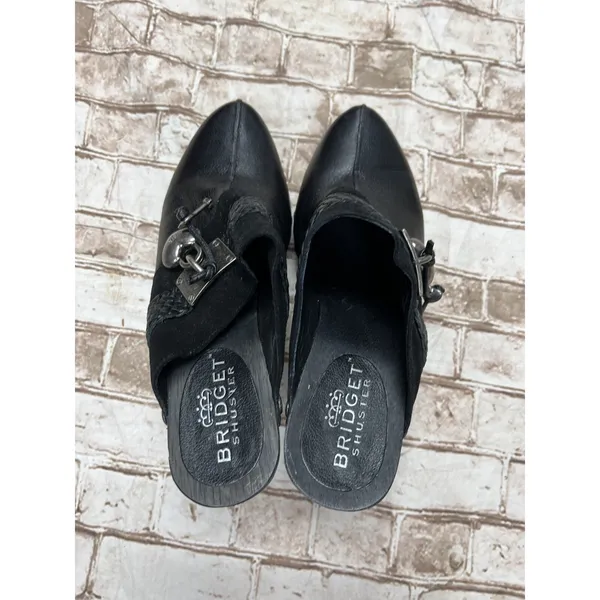 BRIDGET SHUSTER 10 Shoes SASSY BLACK LEATHER MULE HEELS Lock Heart Clogs‎ - Image 7