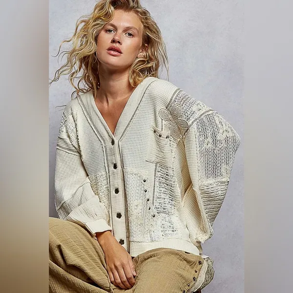 POL Lg Cream Patchwork V-Neck Button Front Cardigan - Image 2
