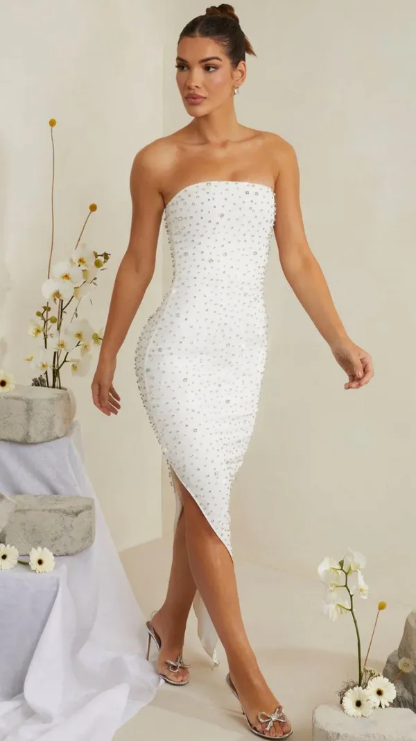 Oh Polly VIVICA Hand Embellished Asymmetric Midi Dress in White Bridal Dress - Image 4
