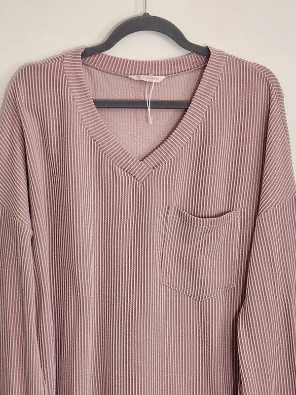 Kirundo Dusty Pink Ribbed Knit Oversized V-Neck Top Size XL - Image 2