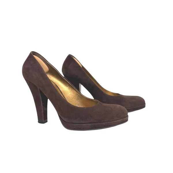 Vintage Miu Miu‎ Brown Suede Platform Pumps 70s Style Block Heel Size 37.5 - Image 2