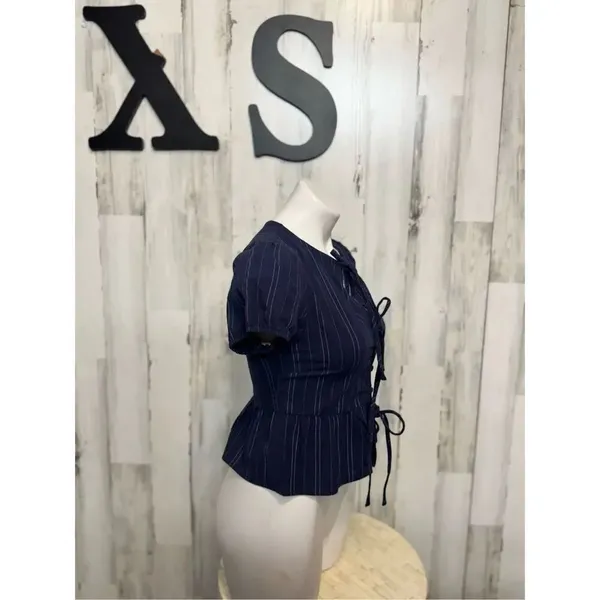 Kirious Los Angeles XS Navy Blue Pinstripe Tie-Front Peplum Top Puff Sleeve - Image 8