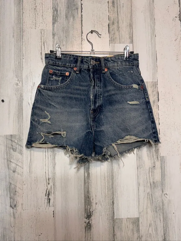 ZARA High Waisted Distressed Denim Shorts Womens Size 2 (EUR 34) Raw Hem Cutoffs - Image 2
