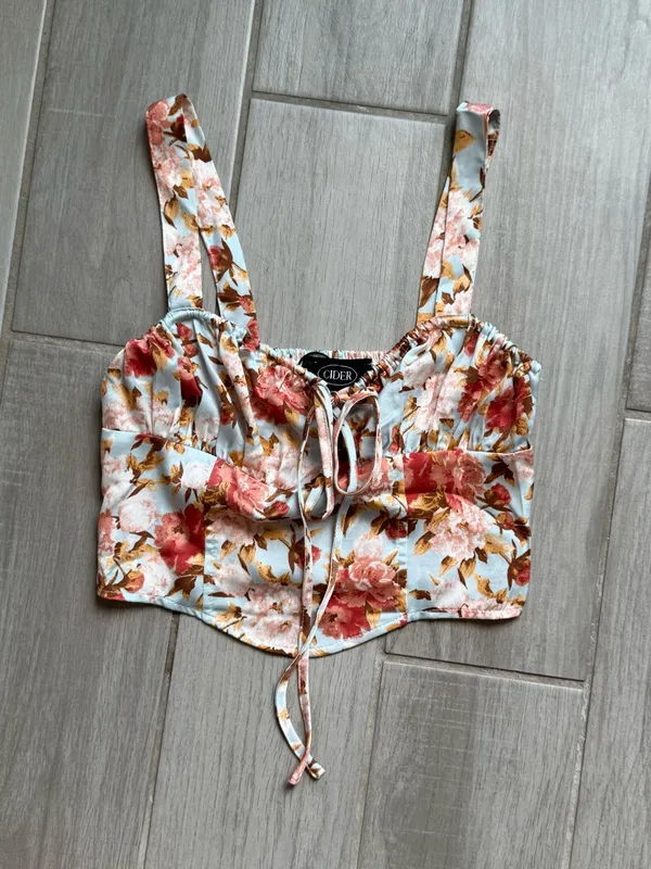 Cider Light Blue Floral Tie-Front Crop Top - Image 2