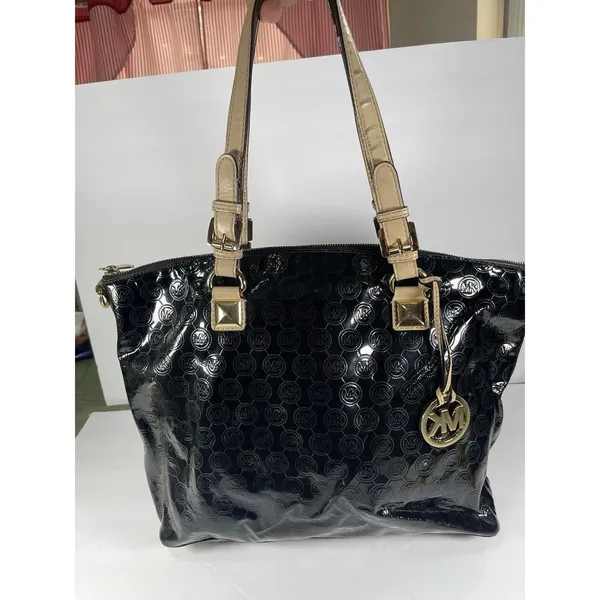 Michael Kors MK Logo Black Tote Bag Zip Gold Beige Straps Dust Bag - Image 2