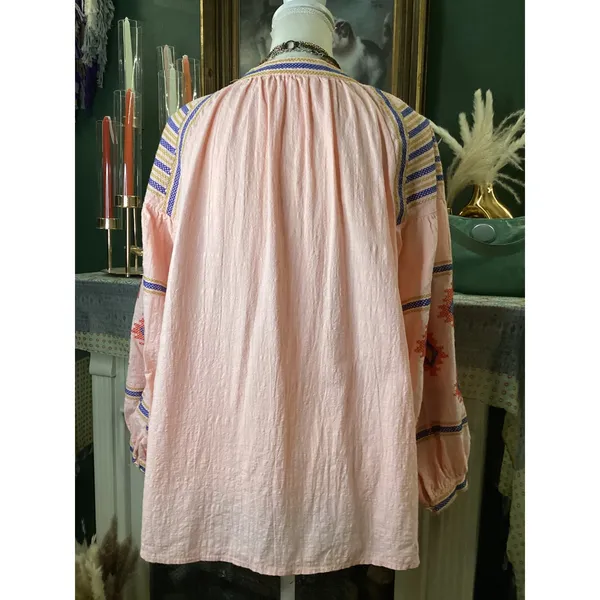Velzera Peach Pink‎ Cotton Gauze Embroidered Peasant Blouse Top Large L - Image 4