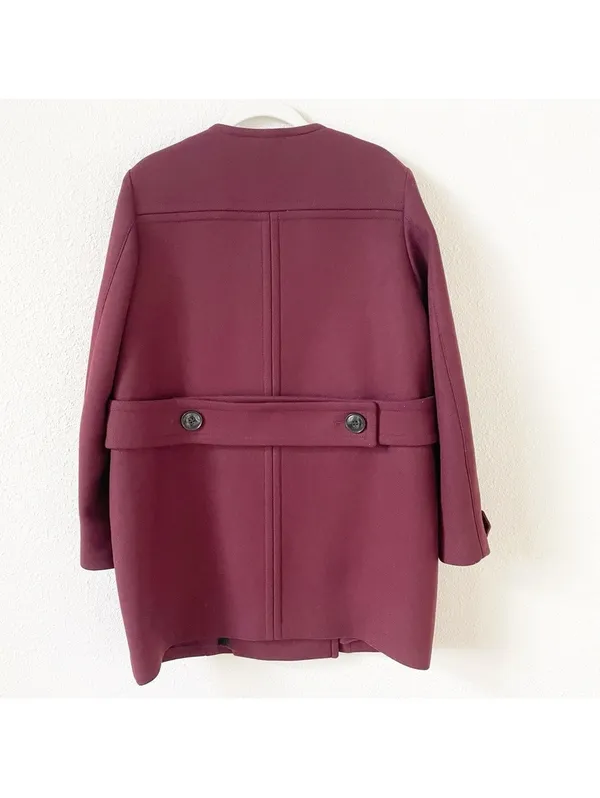 Burberry Brit Antwood Double Breasted Collarless Coat Burgundy Size 8 Luxury - Image 2