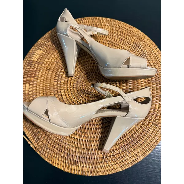 Franco Sarto Nude Patent Peep Toe Platform Heels Ankle Strap Pumps Size 8.5M‎ - Image 9