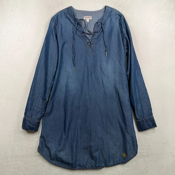 True Religion Large Denim Mini Shirt Dress Lace Up Blue Chambray Cotton Lyocell - Image 2