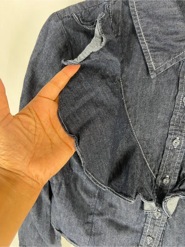 Avec Les Filles Ruffle Yoke Denim Button-Up Shirt Medium Blue Size M - Image 6