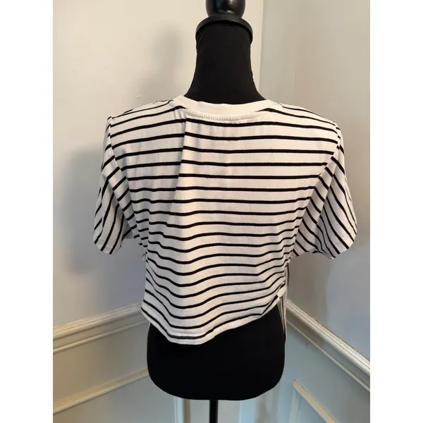 Cider Black & White Striped Cropped Tee Shirt with Side Ties Basic Minimalist - Image 5