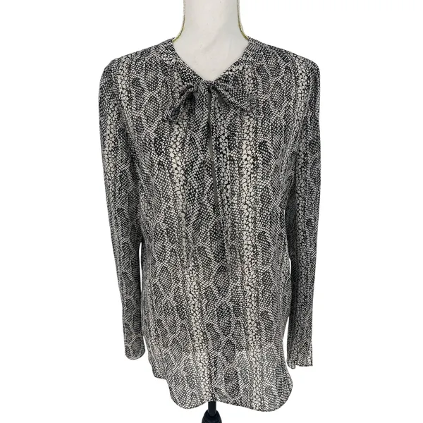 Theory Kinarys Black White Snake Print Silk‎ Tie Neck Blouse Size M - Image 3