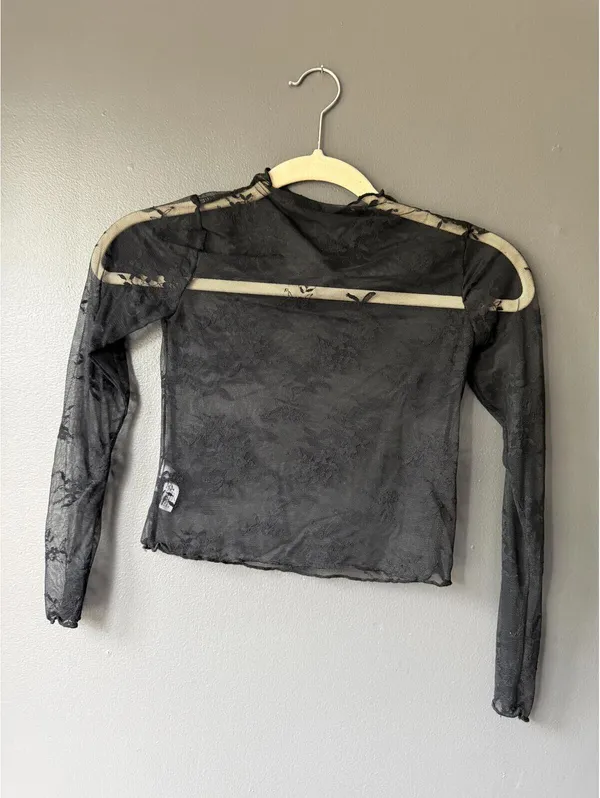 Black Sheer Floral Lace Long Sleeve Top - Image 2