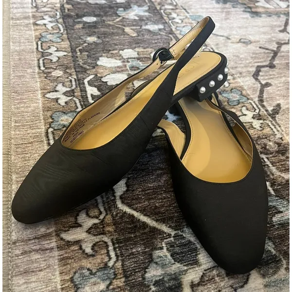 J.Crew Women's Black Embellished Pearl Heel‎ Slingback Flat Shoes Sz 8 BU506 - Image 6