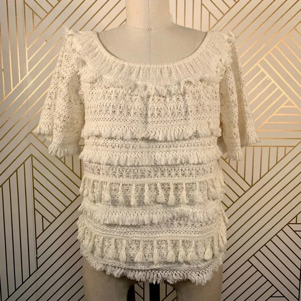 Anthropologie Love Sam Top Blouse Off the Shoulder Tassel Fringe‎ Size Medium - Image 2