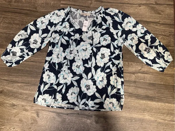 LOFT Floral Long Sleeve Blouse NWT Size S Navy White Elegant Top - Image 2