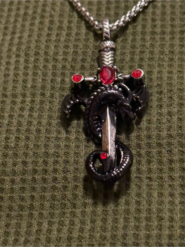 Silver Red Cross & Dragon Pendant Necklace - Image 2