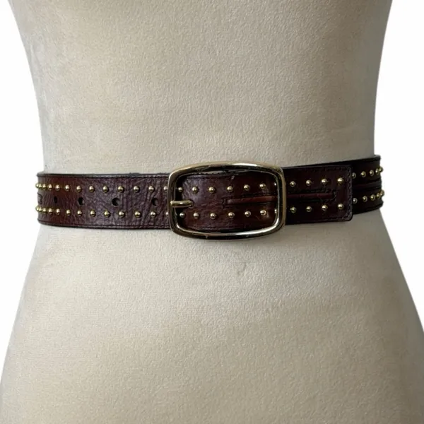 Western Boho Brown Studded Genuine Leather Belt Antique Gold Women’s Size Small - Image 4
