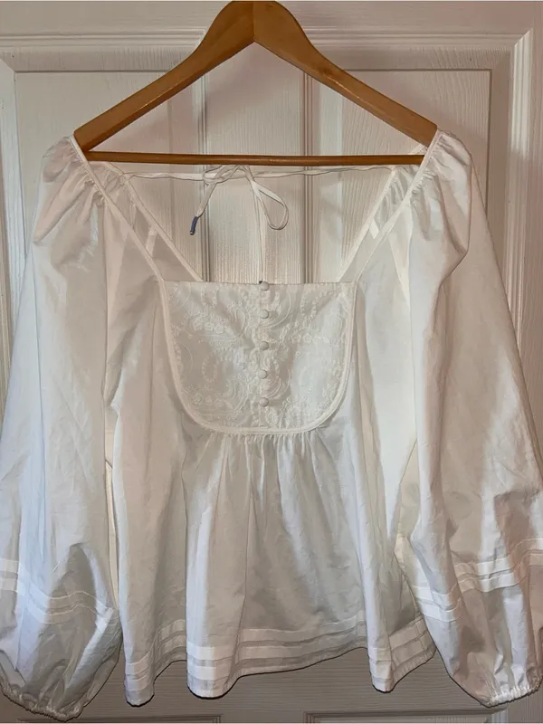 Boho-Chic Cottage Babydoll Peasant Top w/Puff Sleeves Pintuck Buttons Fairycore Sz S Ivory Cotton - Image 9