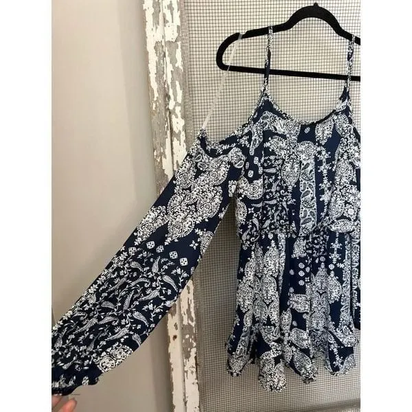 NWT Altar'd State Bohemian Blue Off the Shoulder Shirt‎ romper new size large - Image 2