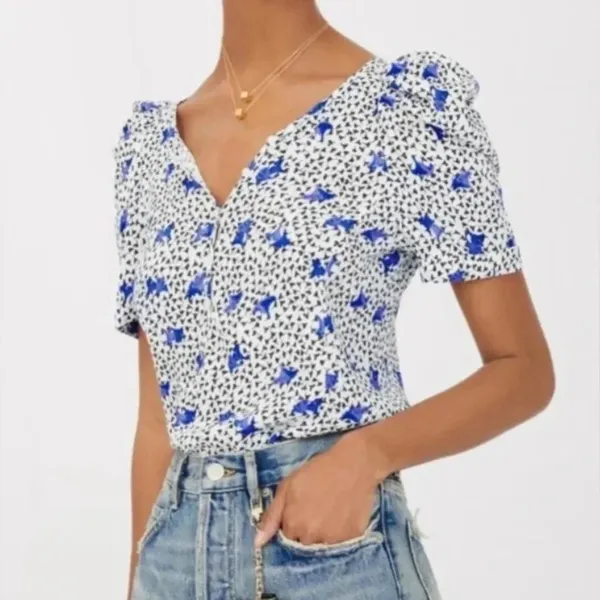 MAJE Blouse Lensam Printed Henley V-neck Short Puff Shoulder White Size 1‎ Small - Image 2