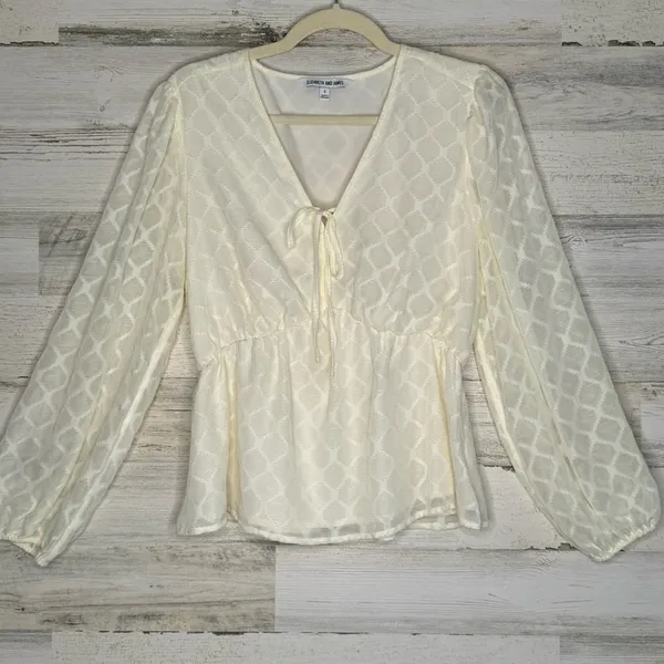 Elizabeth and James Cream Peplum Long Sleeve Peasant Blouse V-Neck Tie‎ Front Sm - Image 2