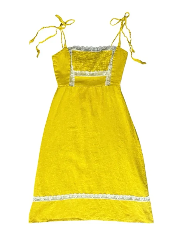 Reformation Women’s Square Neck Yellow Lace Tie Strap Sundress Mini Dress Rare - Image 2