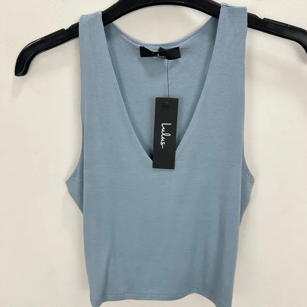 Lulus Feel Like Dancing Blue Crop Top Minimalist Stretch Jersey Basics M NWT - Image 6