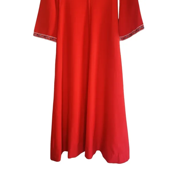 VTG 70s Handmade Red Maxi Dress Boho Embroidered‎ Disco Collar Bell Sleeve Small - Image 12