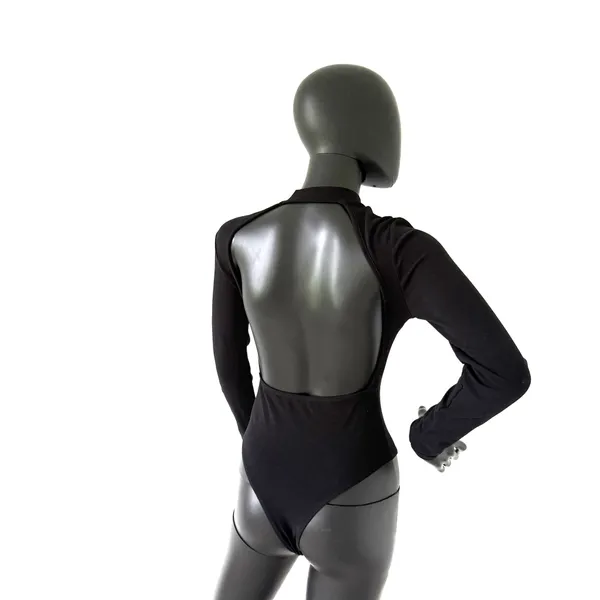 Mock Neck Bodysuit One Piece Blouse Open Back Backless Cut Out Back Top Long Sleeve - Image 3