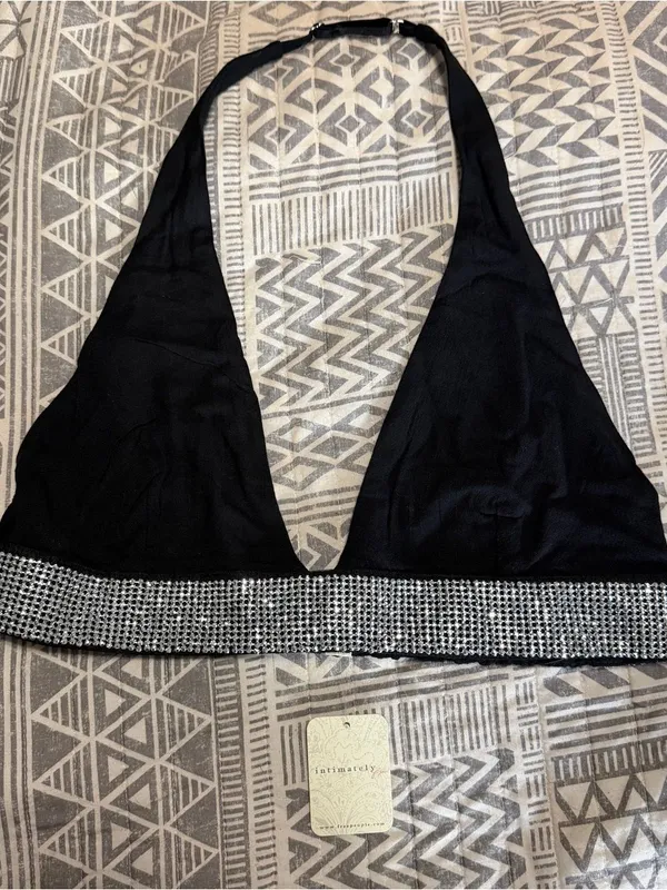 NWT Intimately Free People Rhinestone Halter Bralette Top Black M - Image 2