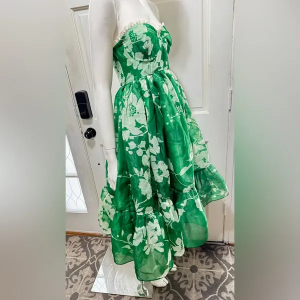 Selkie Strapless Green Floral Midi Dress Size X-Small Retail $325 P-48 - Image 6