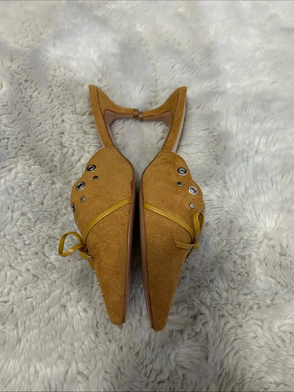 Olomisa Faux Suede Kitten Heel Mules Mustard - Image 6