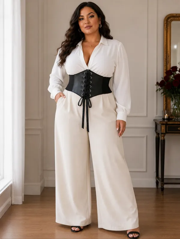 Plus Size Black Vintage‎ Style Lace Up Faux Leather Elastic Back Closure Waist - Image 8