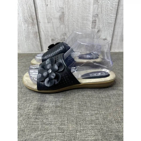 Womens Black Slide On Sandals Size 7 With Flower Rhinestone Detail Open Toe - Image 4
