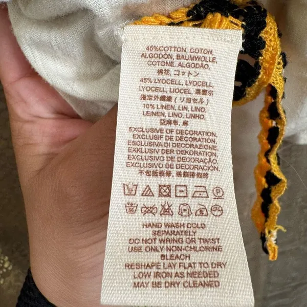 Free People Black Yellow Ivory Bora Bora Racerback Crochet Linen Blend Trim Tank - Image 7