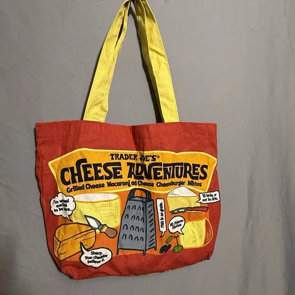 Trader Joe's Shopping Bag Tote Fabric‎ Reusable Cheese Adventures Red Yellow - Image 2