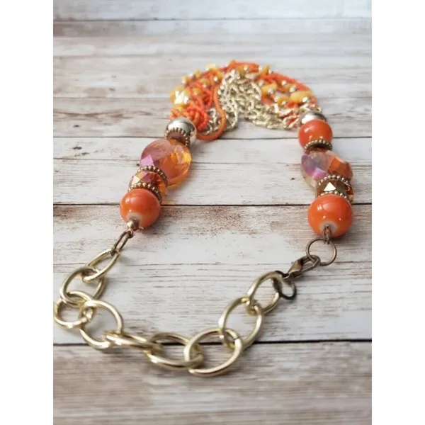 Vintage Necklace Orange & Gold Tone Multi Layer Statement Necklace - Image 2