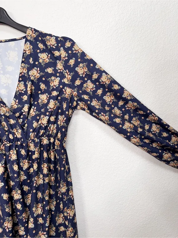 Miss Sparkling Navy Floral Surplice V Neck Elastic Waist Midi Dress NWOT - Image 5