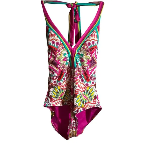 Trina Turk Hawaiian Garden Border Halter Plunge One Piece Swimsuit - Image 4