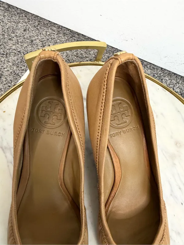 Tory Burch Sz 6.5 Tan Leather Peep Toe Wedge Pumps Heels - Image 5