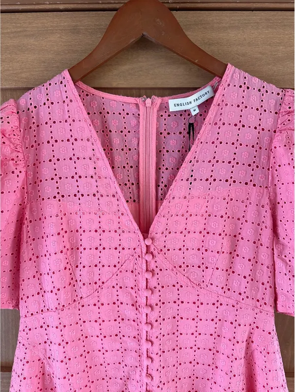 NWT English Factory Broderie Lace Puff Sleeve Mini Dress in Pink Women’s Medium - Image 6